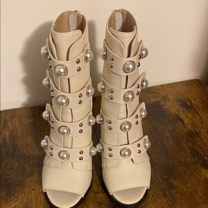 Karl Lagerfeld Cream Heeled Boots with Straps